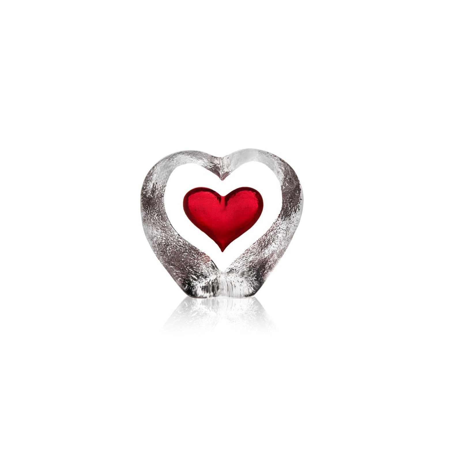 Maleras glass red heart within a silver heart-shaped frame on a white background