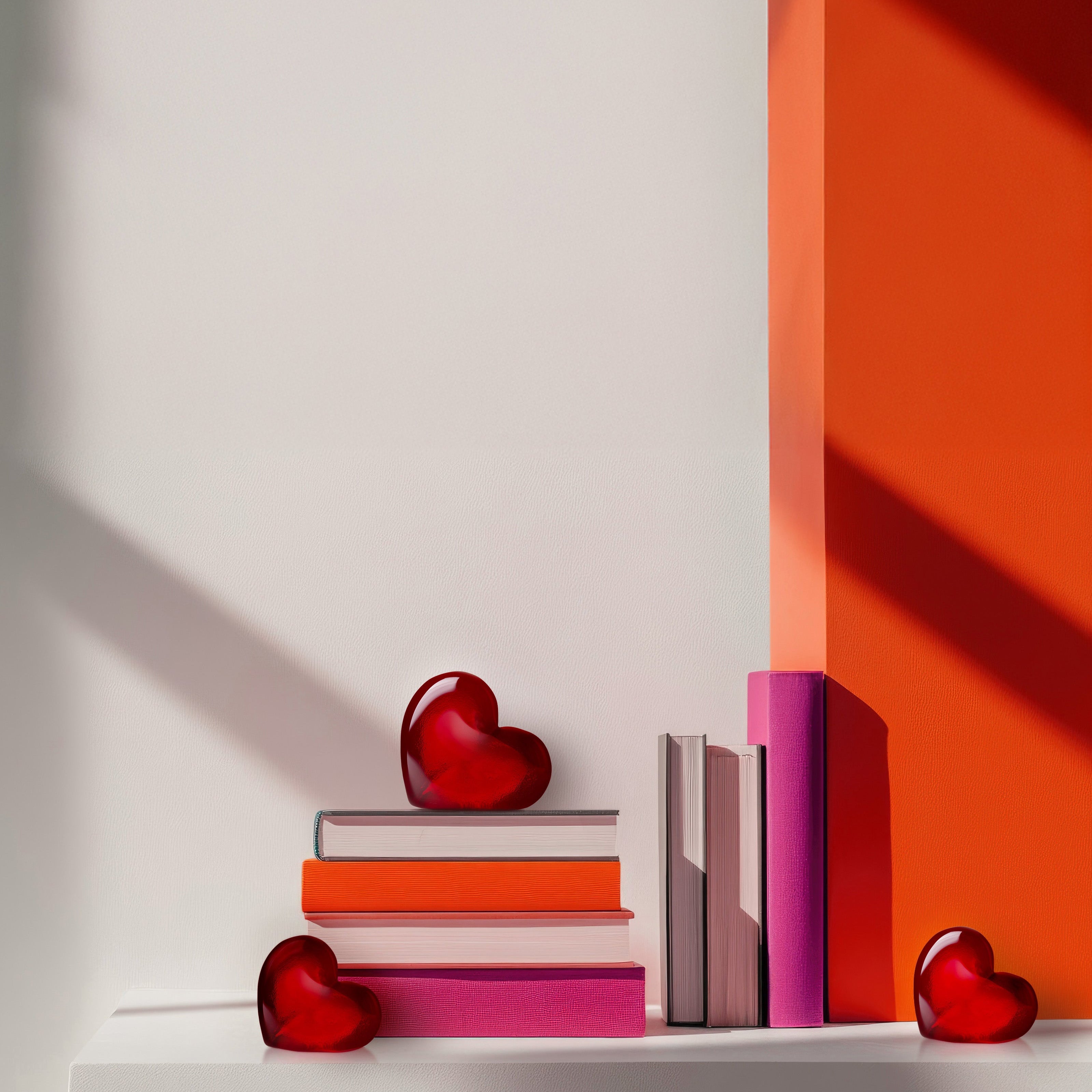 Red heart-shaped objects on a white surface against an orange wall