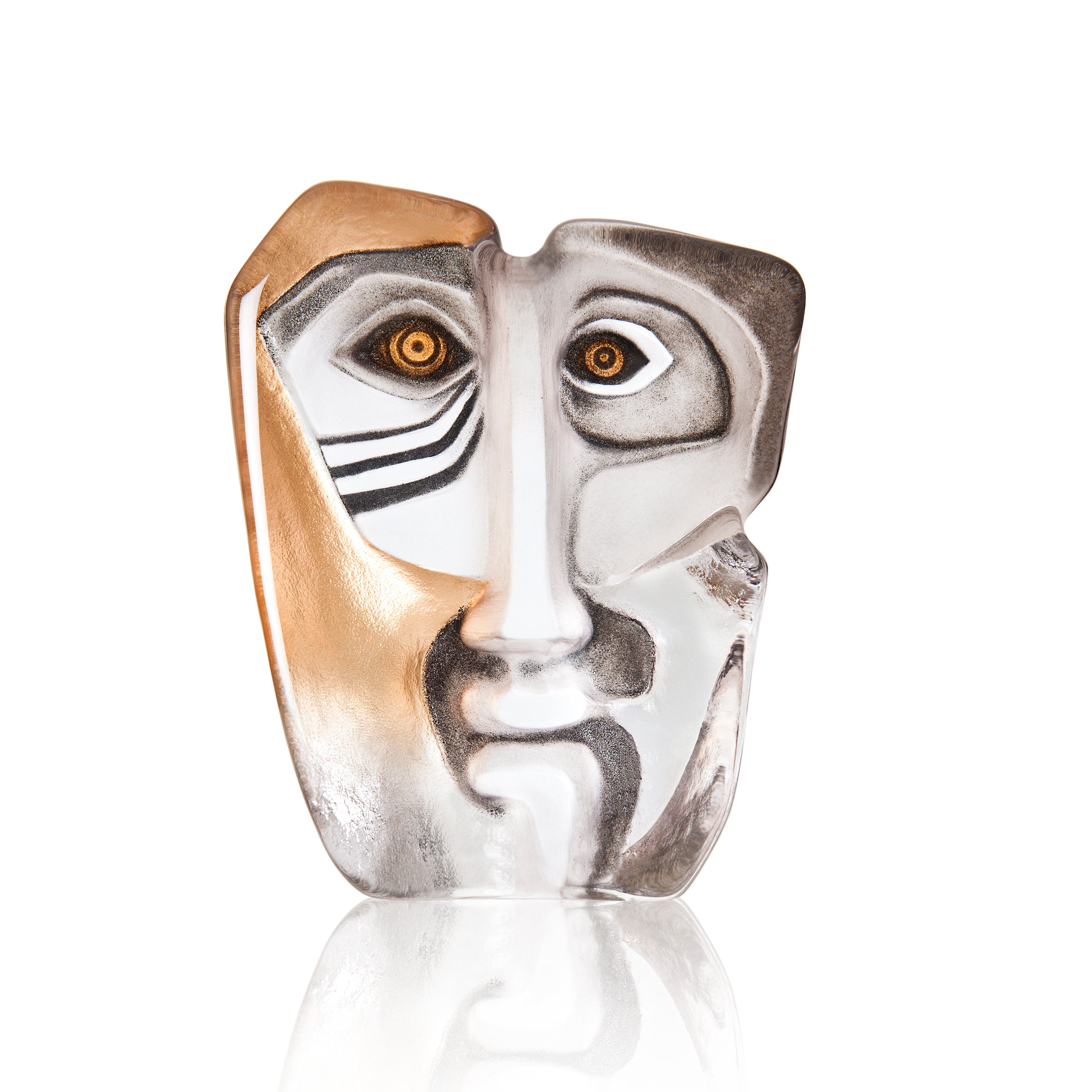 Abstract Glass face sculpture with gold and silver tones on a white background