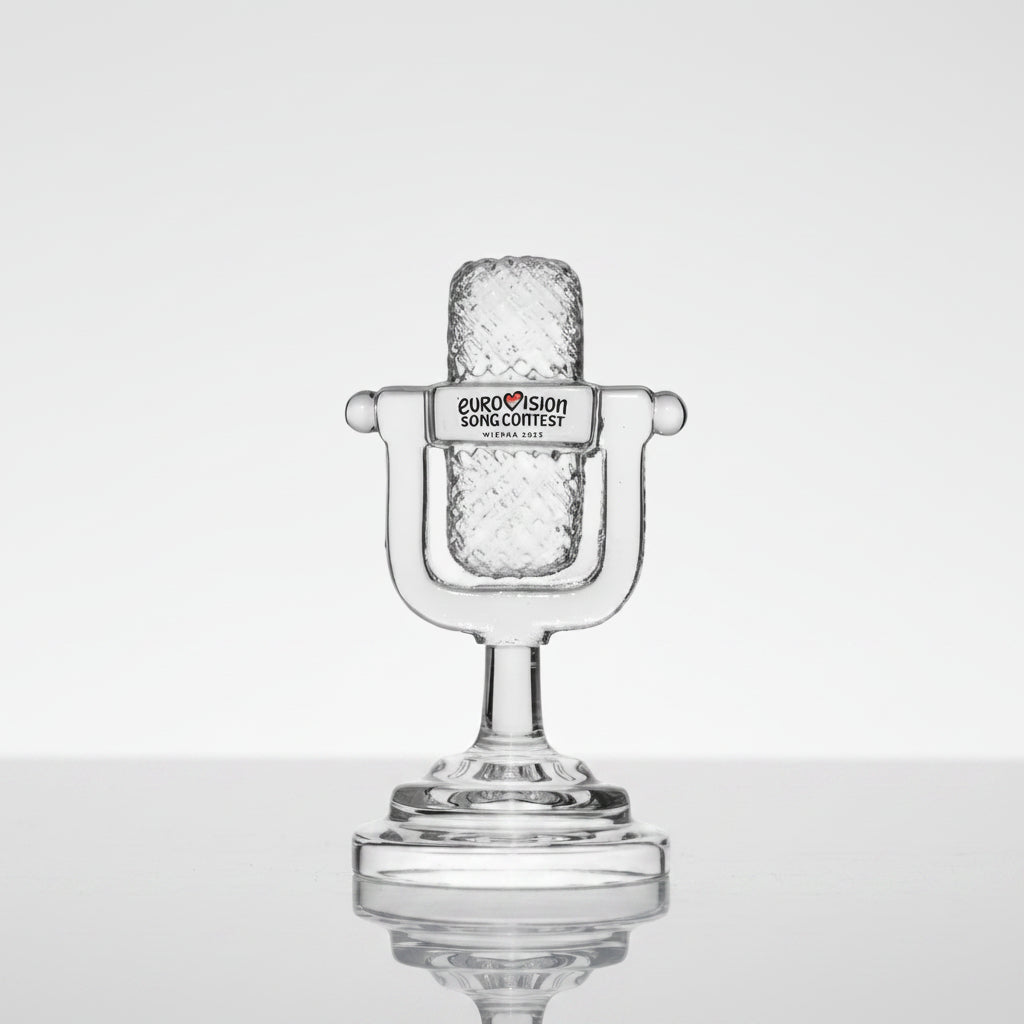 Eurovision trophy glass microphone Trophy with 'Eurovision Song Contest' logo on a white background
