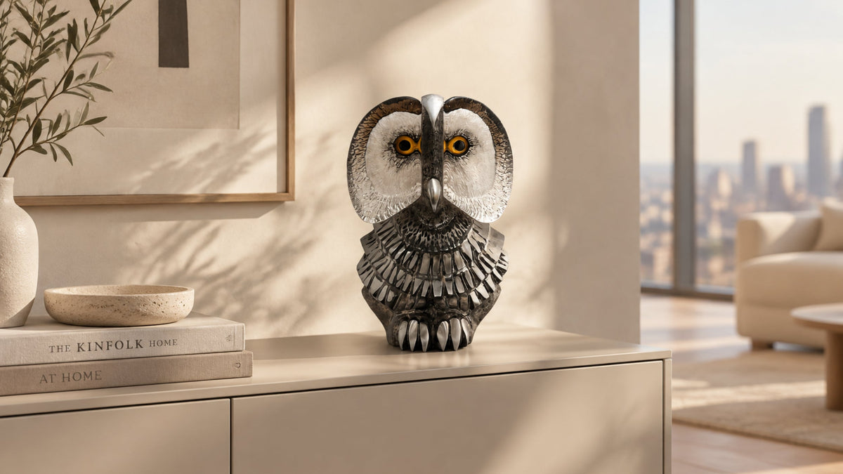 Maleras Albcus white owl figurine displayed inside a white illuminated niche. The owl has a dark charcoal body with detailed gray and white feather patterns
