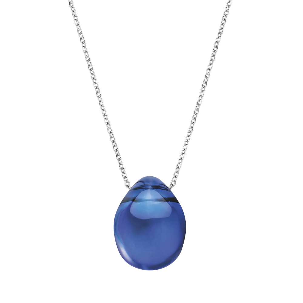 Lalique Blue pendant on a silver chain against a white background