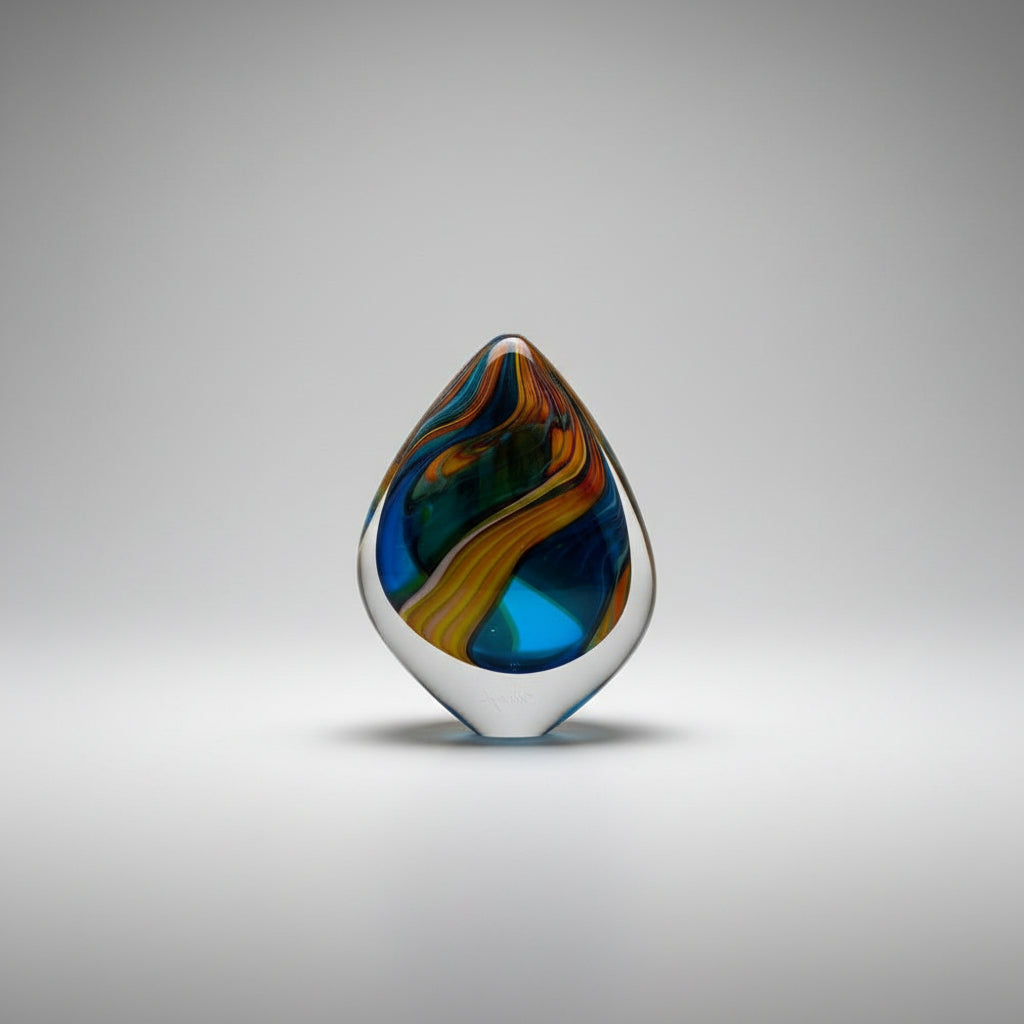 Colorful glass sculpture on a white pedestal in a neutral setting