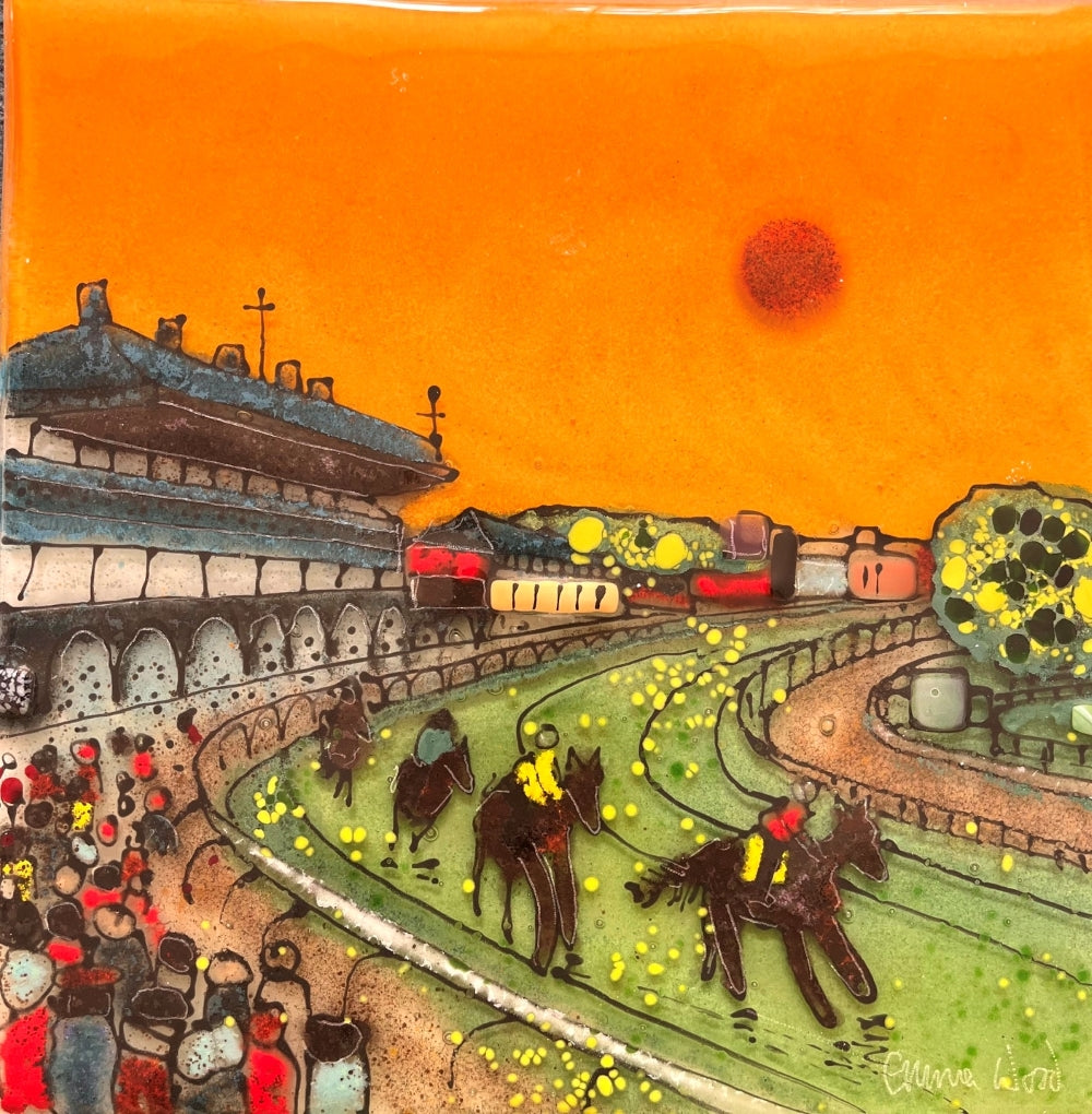 Emma Wood Glass Wall Art - Postcards - Sunset at the Races