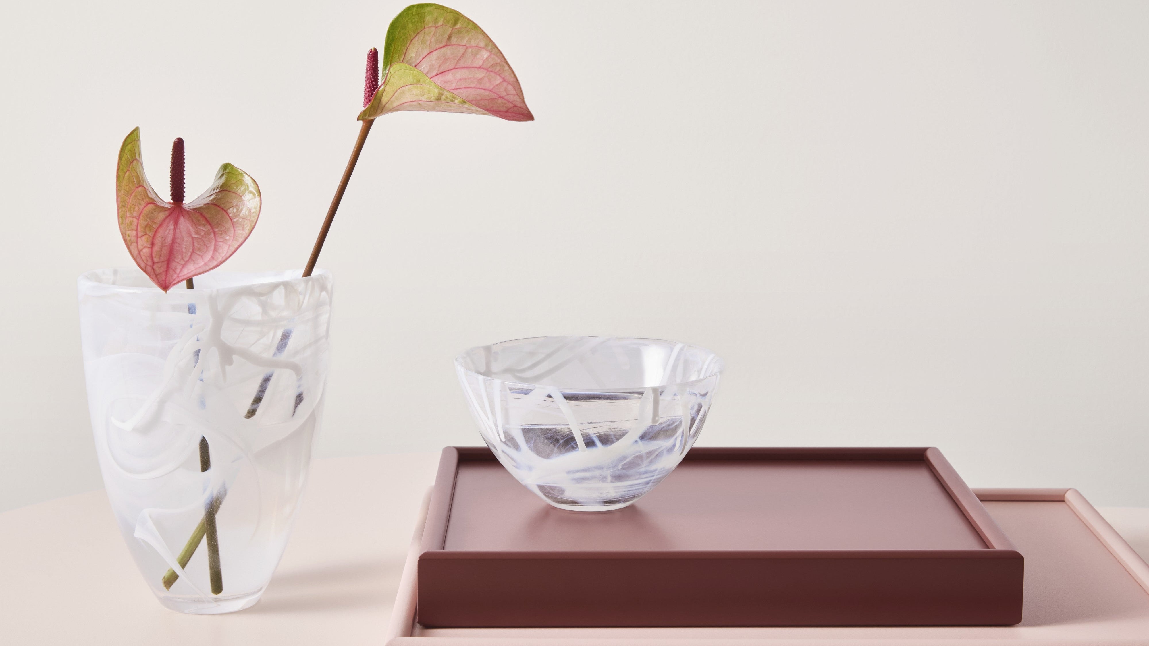 Clear glass bowl on a pink tray with a vase containing a leafy plant on a light background