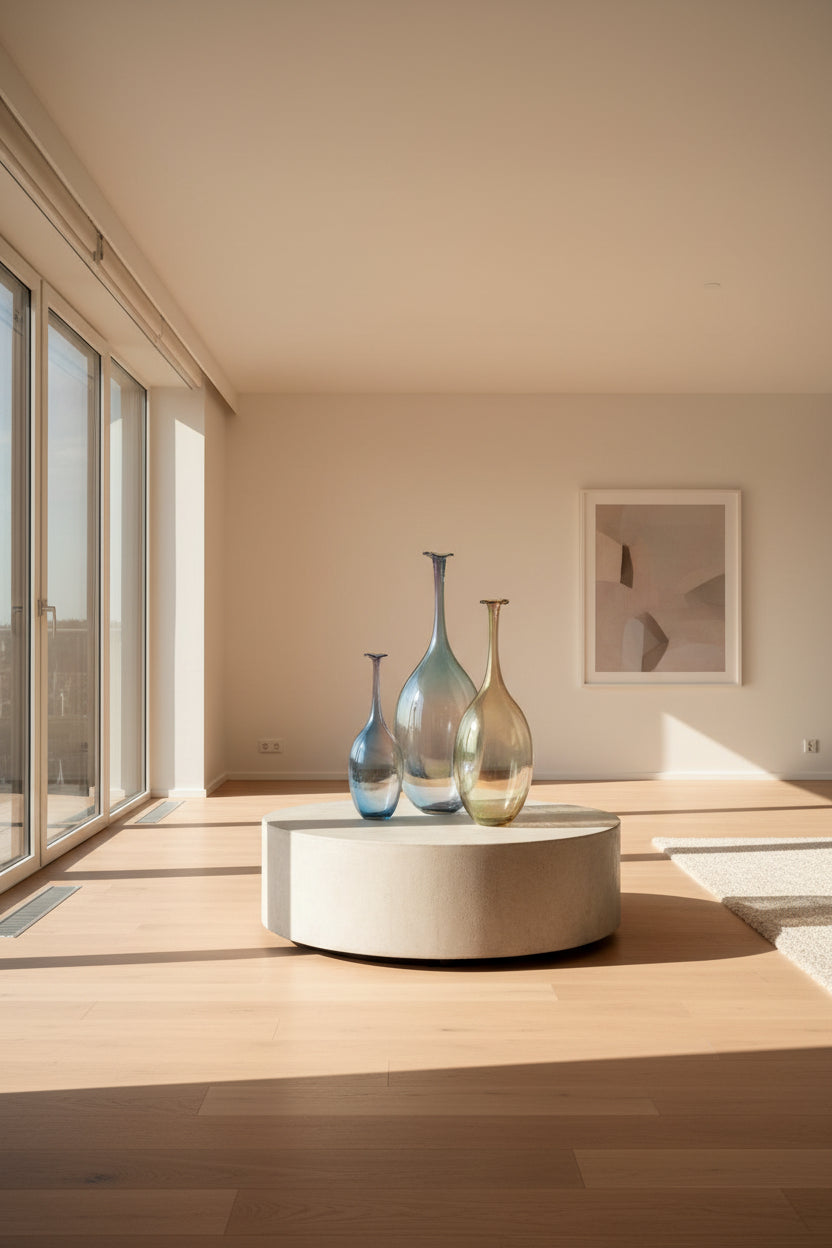 Kosta Boda Fidji tree multicolored glass bottles of varying sizes with a clear, smooth finish and subtle color gradients.