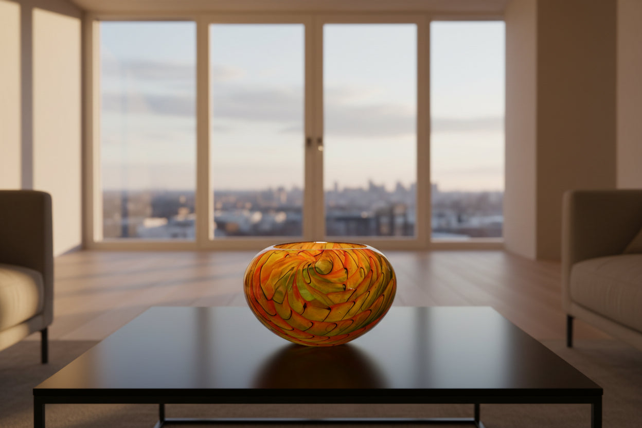 Peter Layton's colourful glass bowl on a white surface with a neutral backgrounders