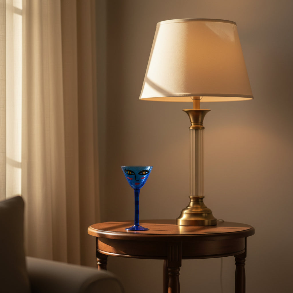 Open Minds blue goblet-shaped glass candle holder with a stylized face design, standing on a white shelf against a neutral gray background.