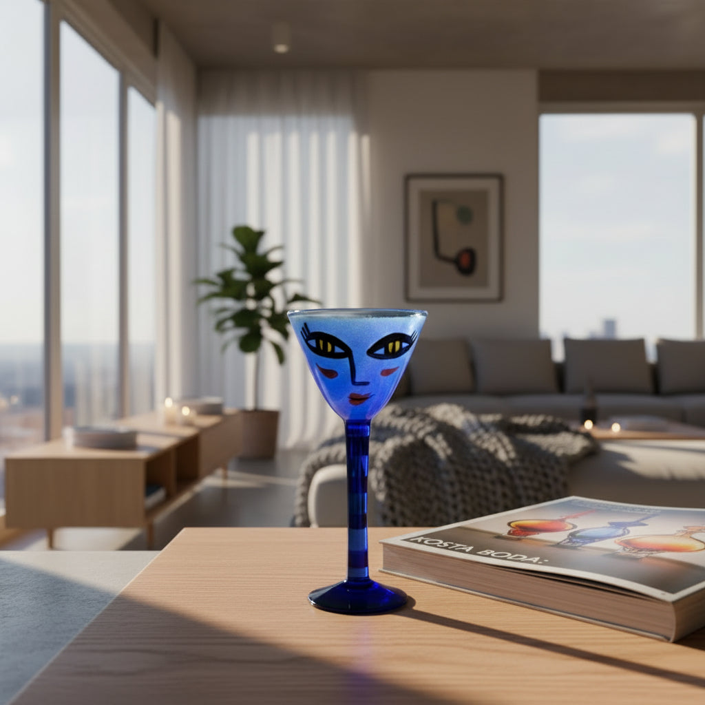 Open Minds blue hand-painted glass goblet with a stylized face on the bowl, standing on a white surface against a neutral gray background.