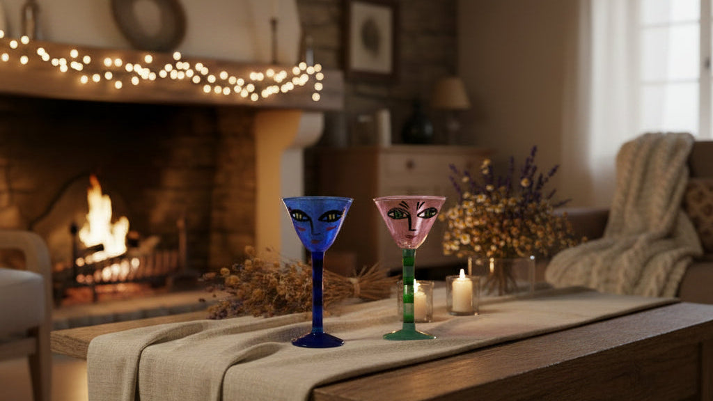 Kosta Boda Open Minds Two hand-painted glass goblets with stylized faces,
