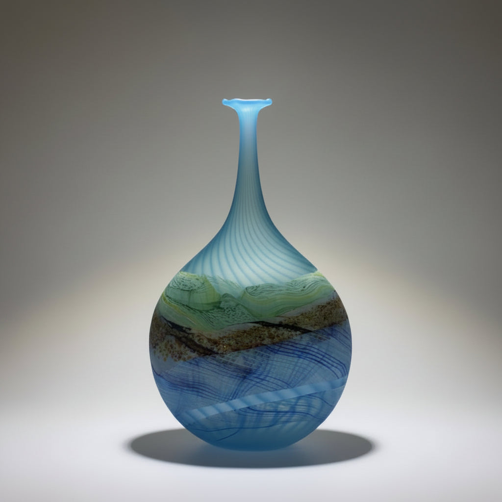 Glass vase with blue and green patterns on a white background