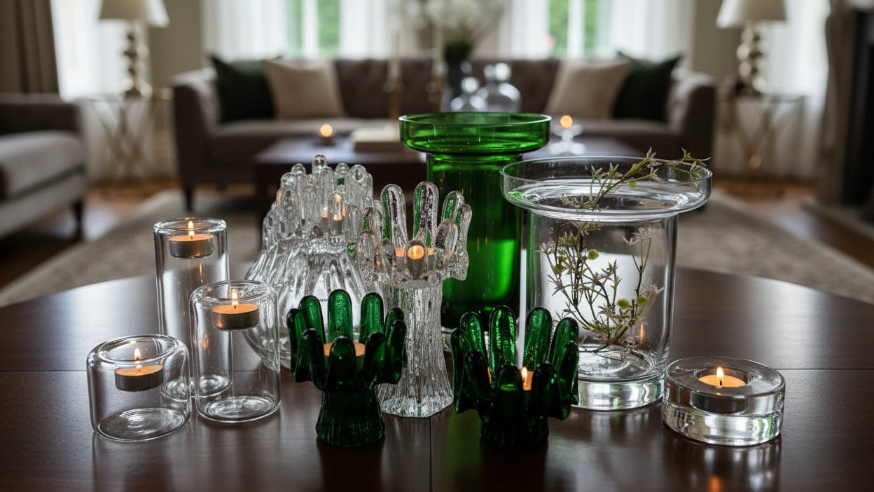 Lifestyle mix - Kosta Boda collection of Sunflower candleholders, happy tea lights and Limeline vases