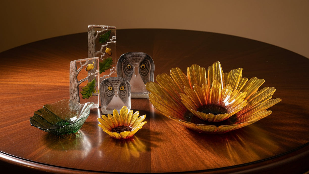 Lifestyle mix - Maleras glass collection of handcrafted glass art pieces. Sunflowers, Folia bowl, Oat Tree, glass Owls