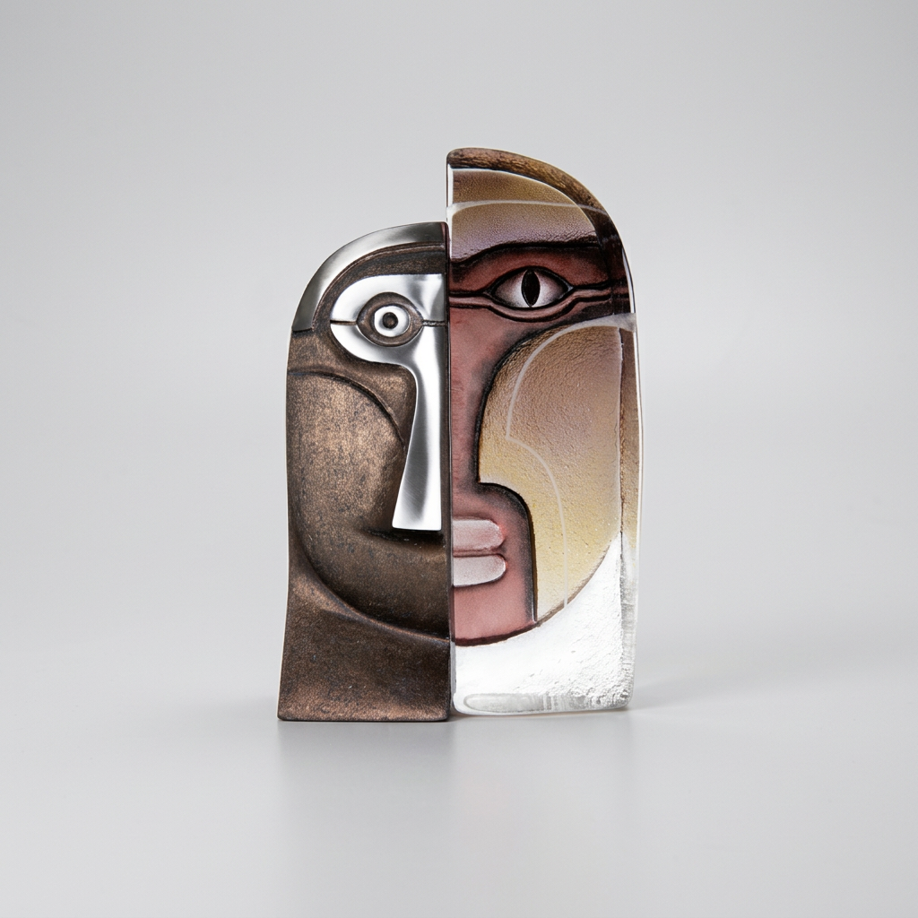 Maleras DUO art object featuring a split-face design with a bronze-toned left half and a multi-colored right half in shades of brown, pink, beige, and white,