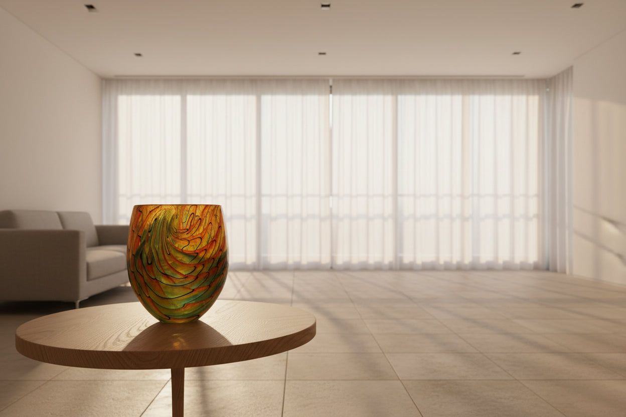Colorful glass vase on a white surface with a neutral background