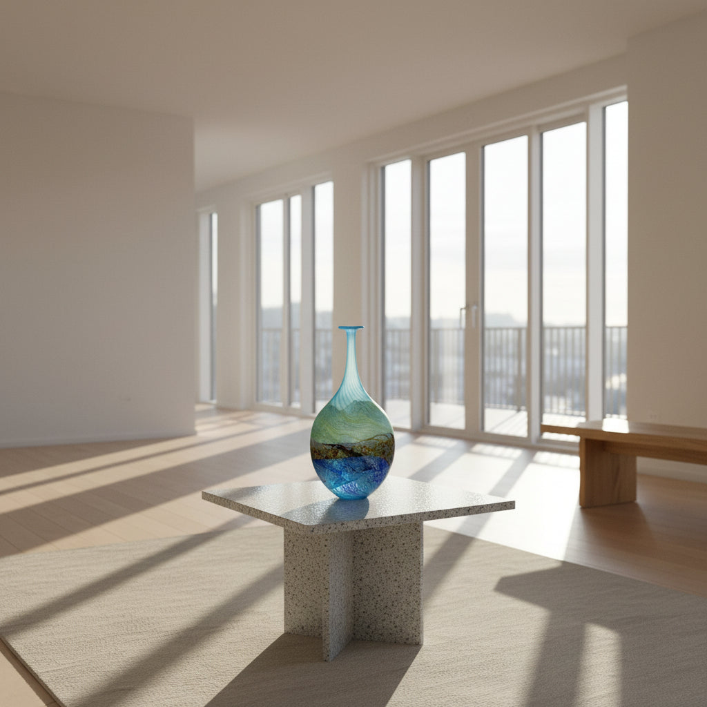Glass vase with blue and green patterns on a white background