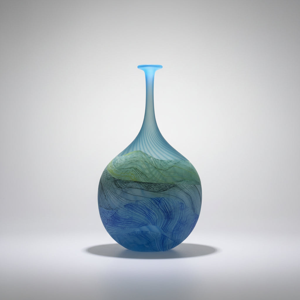Blue and green glass vase in a white box with a neutral background