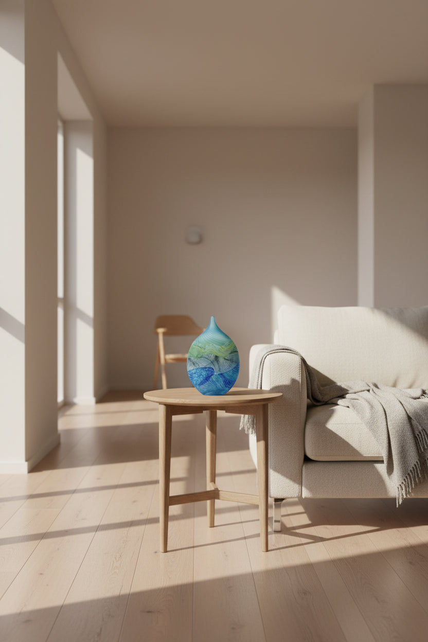 Blue and green glass vase on a white platform with a neutral background