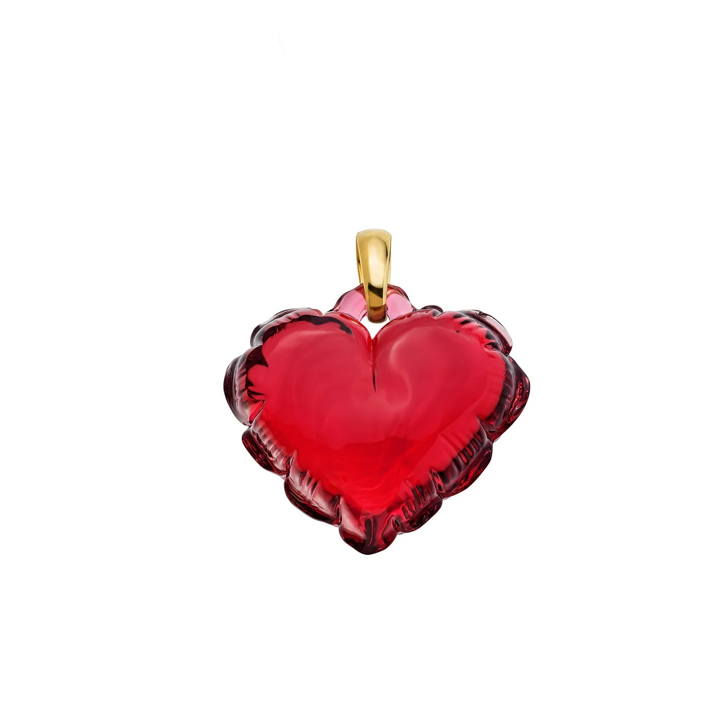 Lalique glass Red heart-shaped pendant with gold accent on a white background