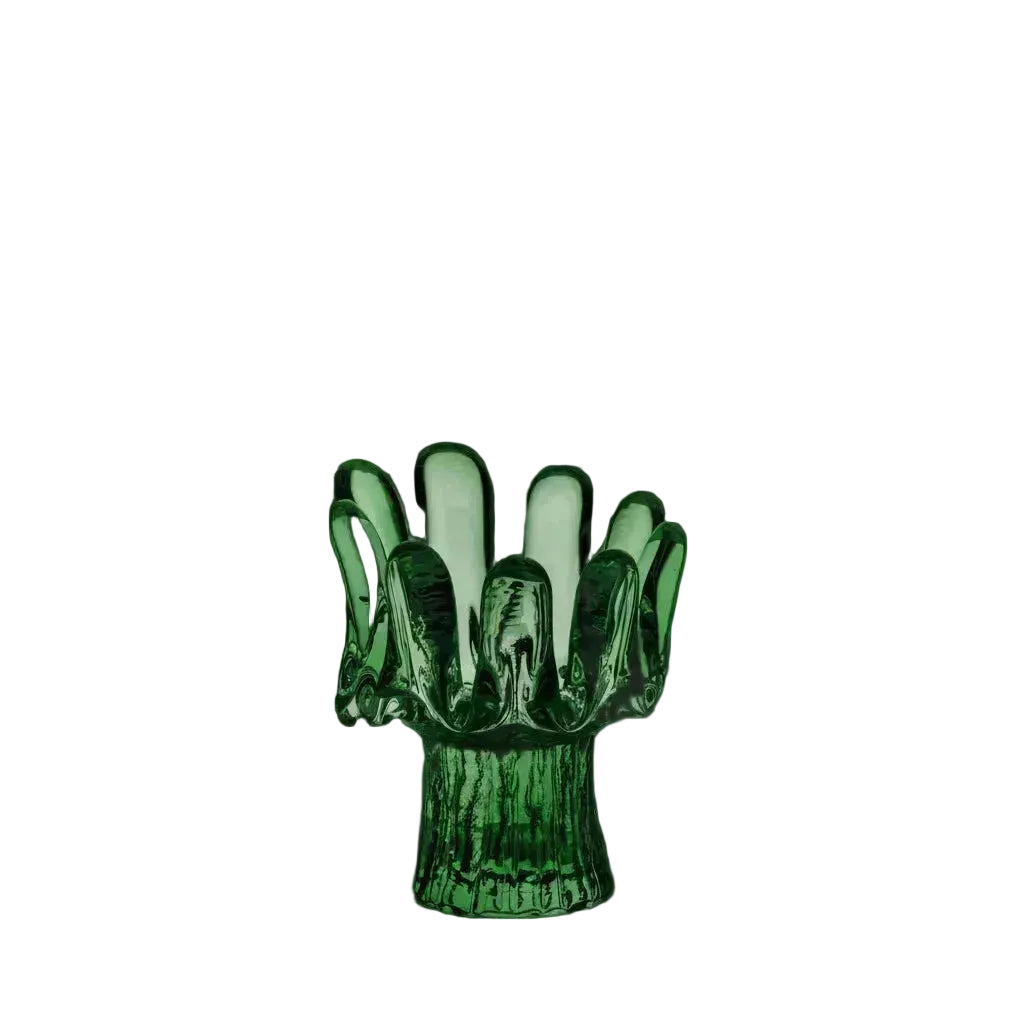 Kosta Boda Sunflower Green glass sculpture of a hand on a white background