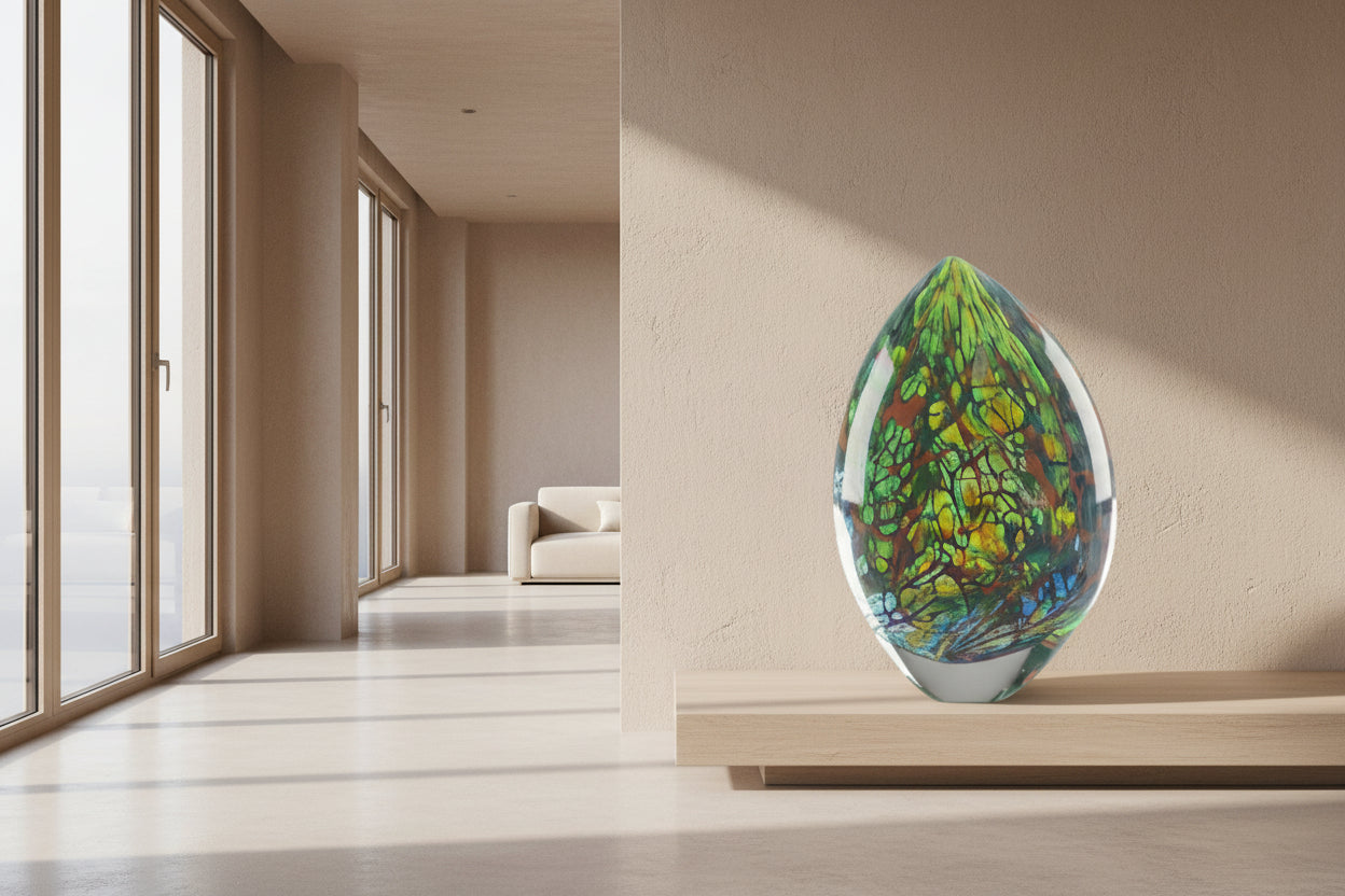 Multicolored glass sculpture on a white background