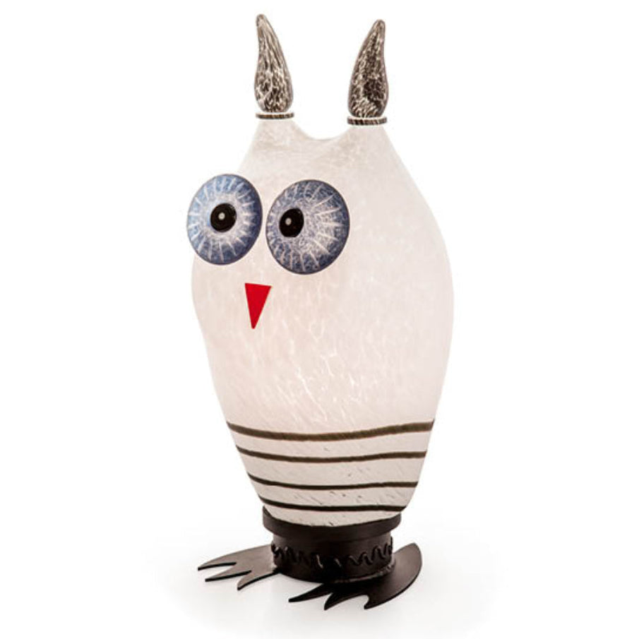 Borowski Glass White owl-shaped lamp with black stripes, blue eyes, and a red beak on a white background