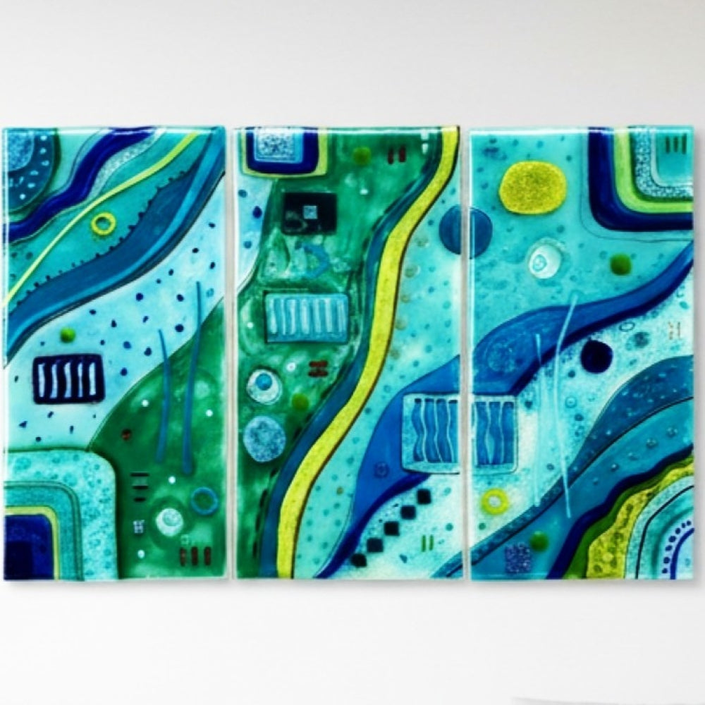 Emma Wood Glass Wall Art - Tryptic Abstract blue-green XL