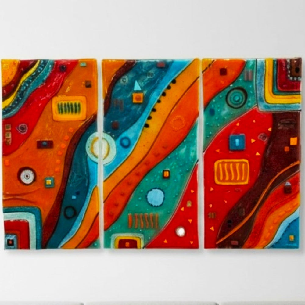 Emma Wood Glass Wall Art - Tryptic Abstract red XL
