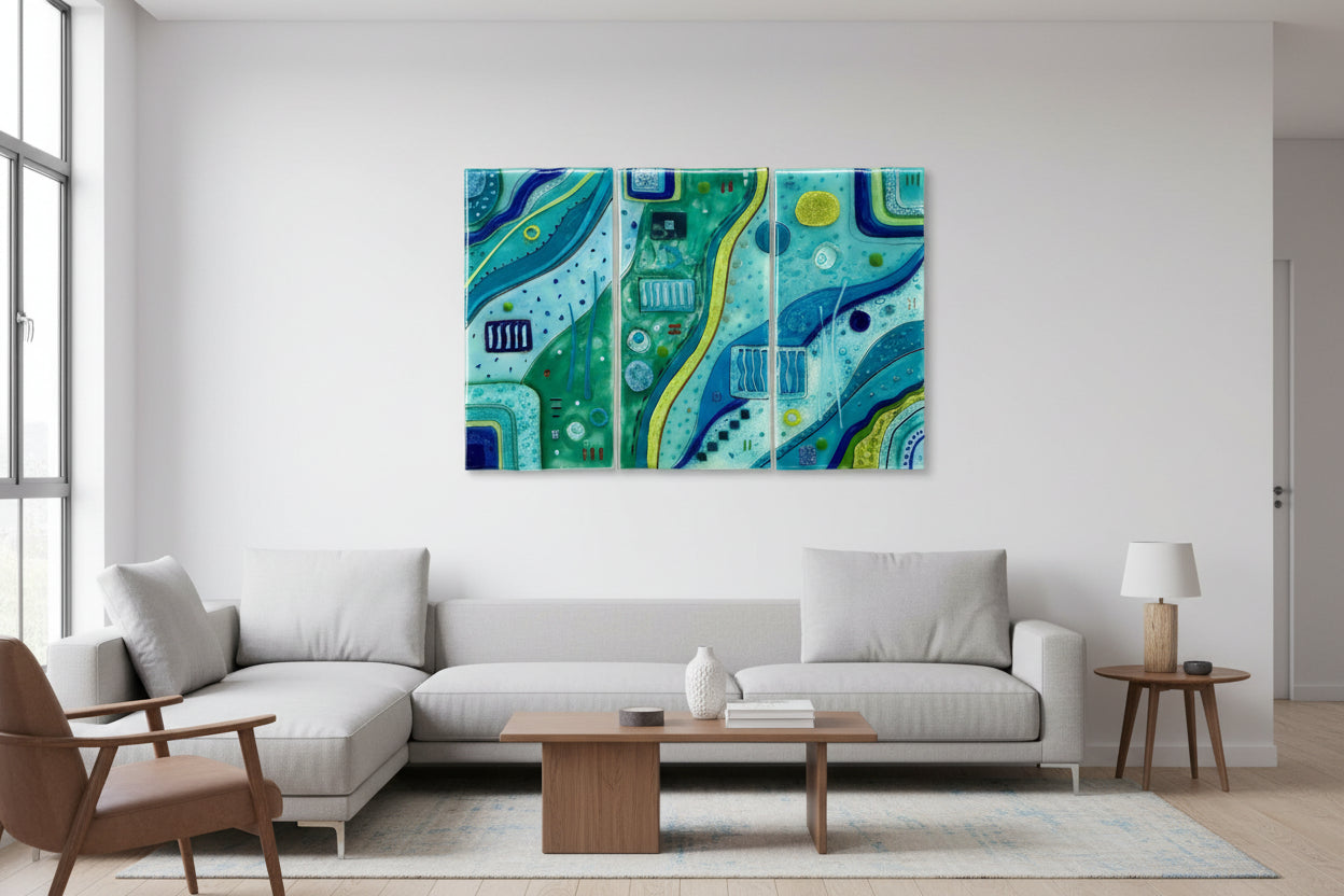 Emma Wood Glass Wall Art - Tryptic Abstract blue-green XL