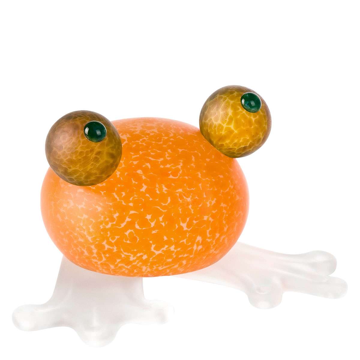 A small orange glass frog paperweight with hand-blown details, featuring a pair of green eyes on top.