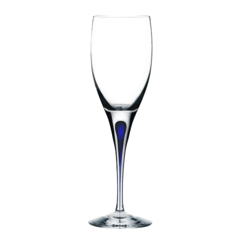An elegant clear glass with a blue stem, designed for white wine.