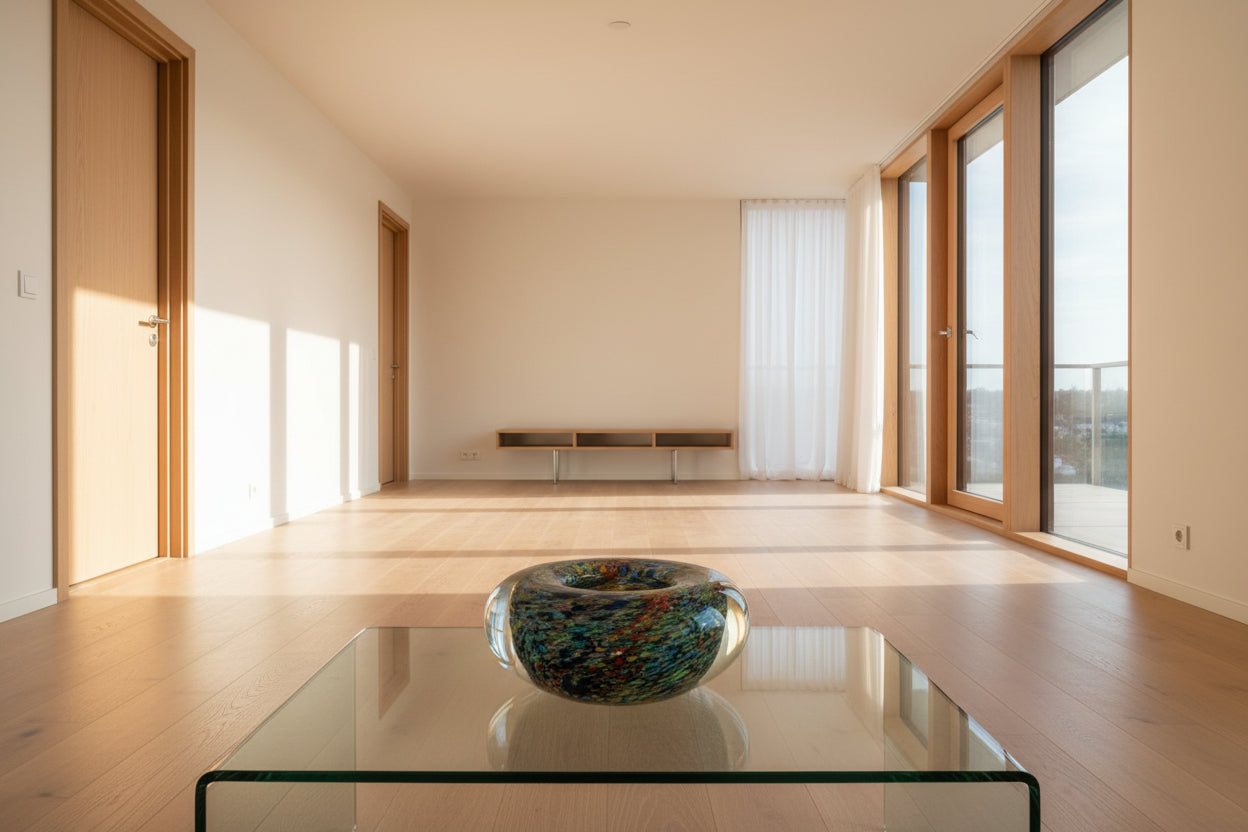 Colorful glass bowl on a white surface