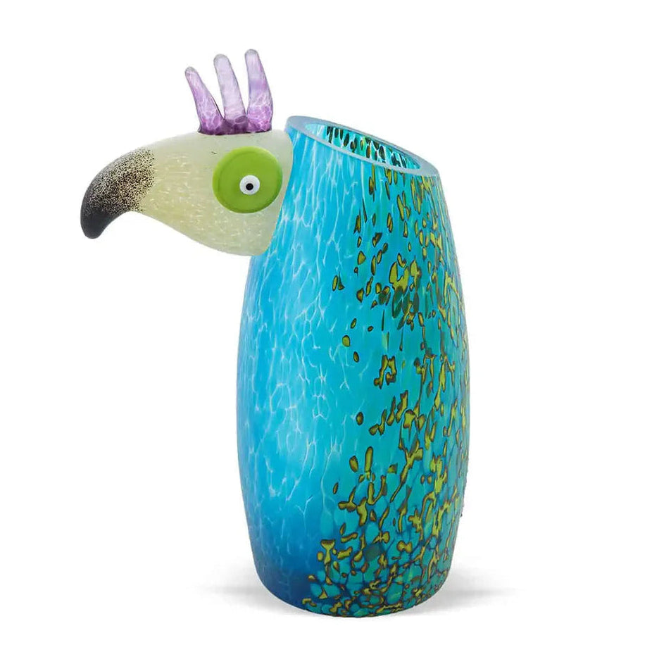 Borowski Glass vase shaped like a toucan with a blue body and green accents on a white background