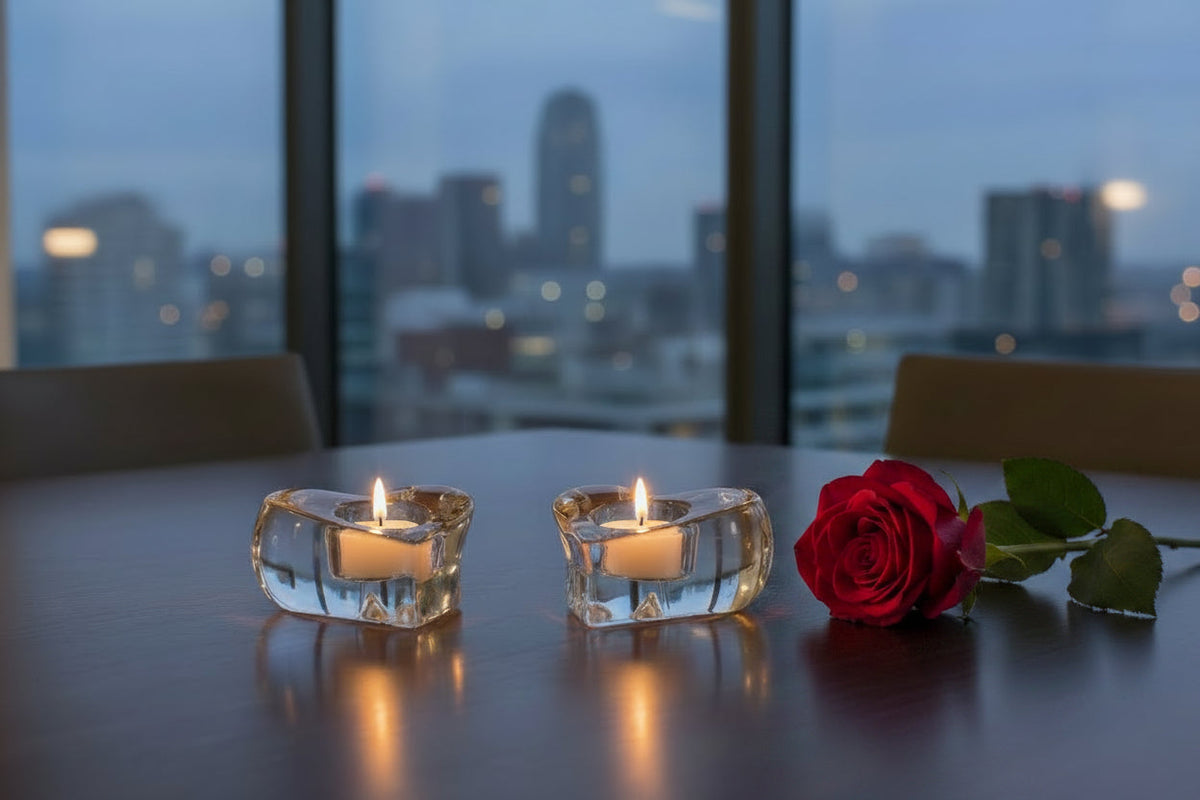 Orrefors Valentino Clear glass heart-shaped candle holder with a lit candle on a white background