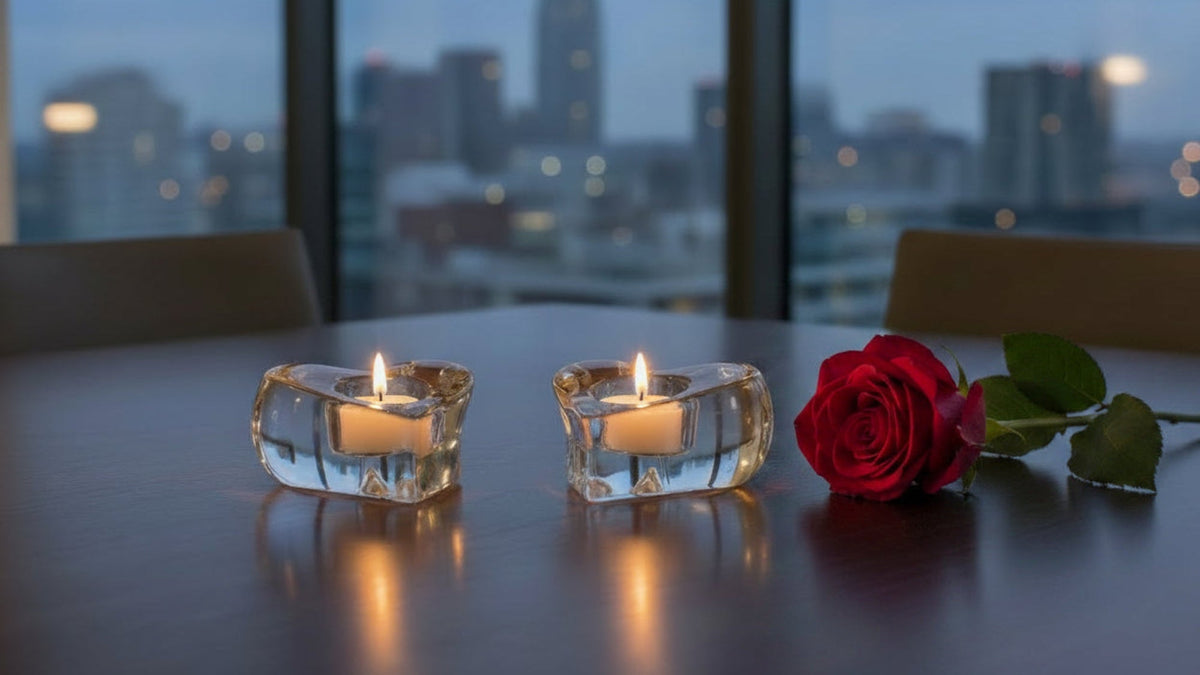 Orrefors Valentino Clear glass heart-shaped candle holder with a lit candle on a white background