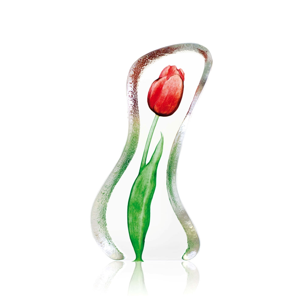 Maleras Glass sculpture of a red tulip on a white background
