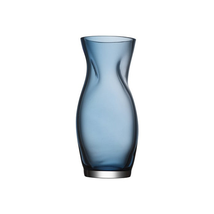 A small blue glass vase with a smooth, curved design, with a silver rim at the base.