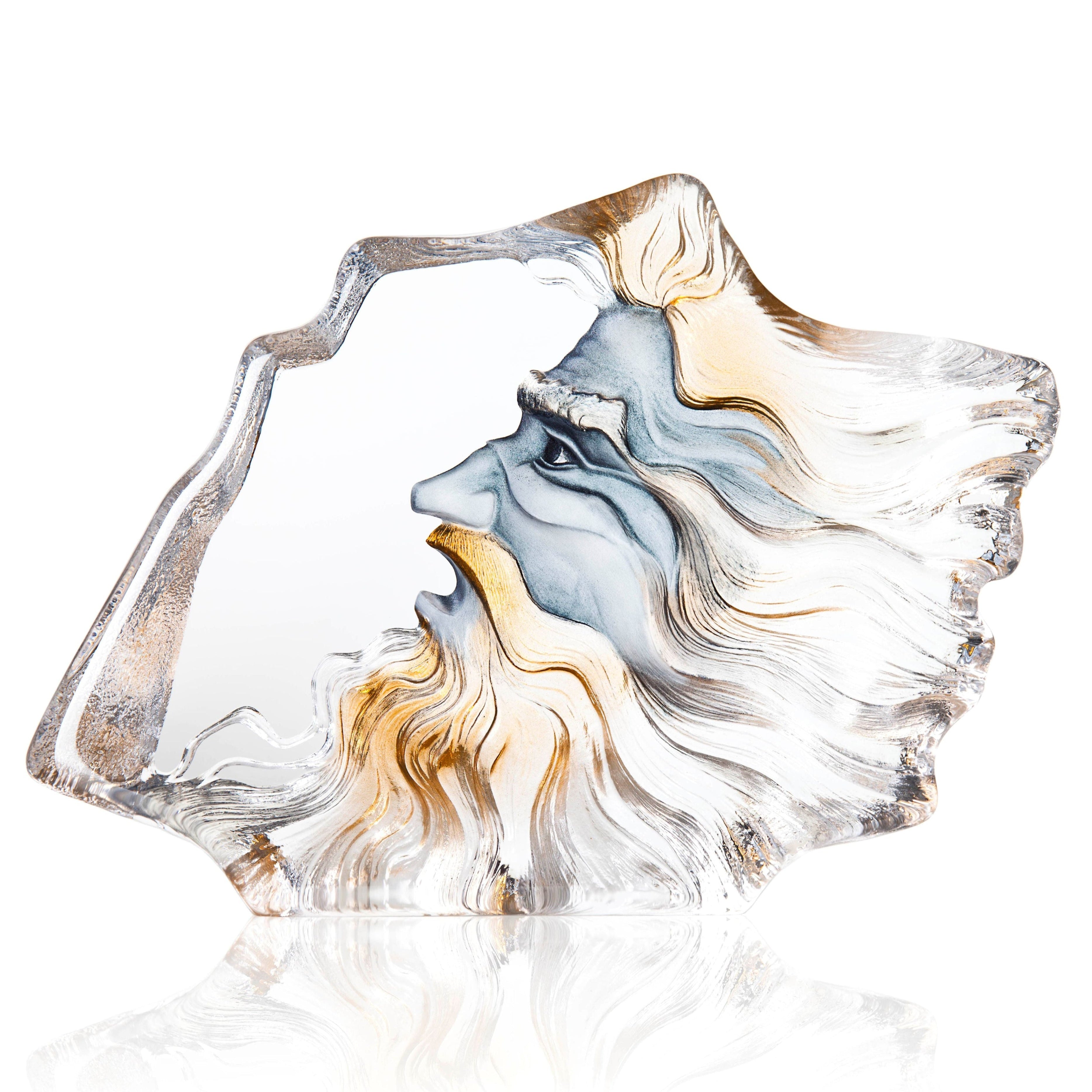 Glass sculpture of a Poseidon with flowing hair on a white background