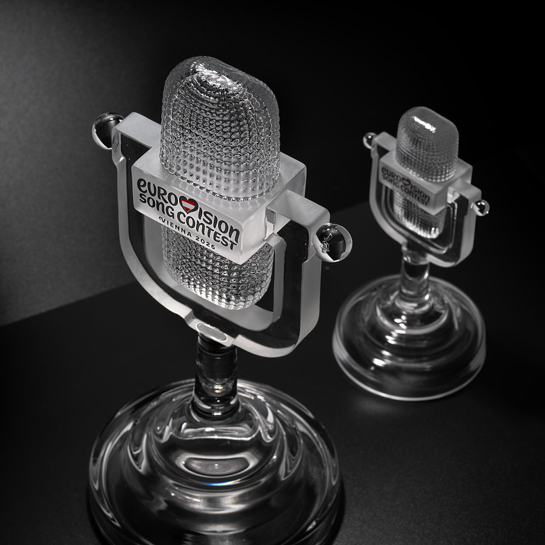 'Eurovision Song Contest' trophy 2026 Two glass microphones