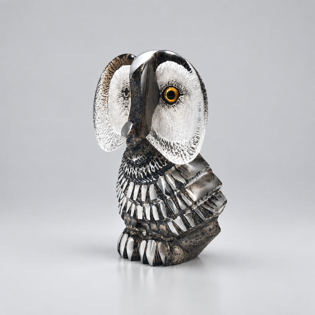 Albus - sculpted owl figurine with textured gray, black, and white feathers