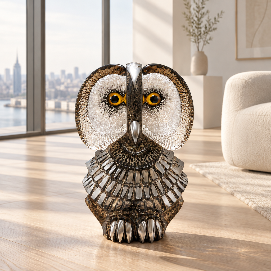 Albus sculptural owl figurine crafted from polished silver-colored metal, featuring textured feathers, large yellow eyes, and a dark brown beak, 