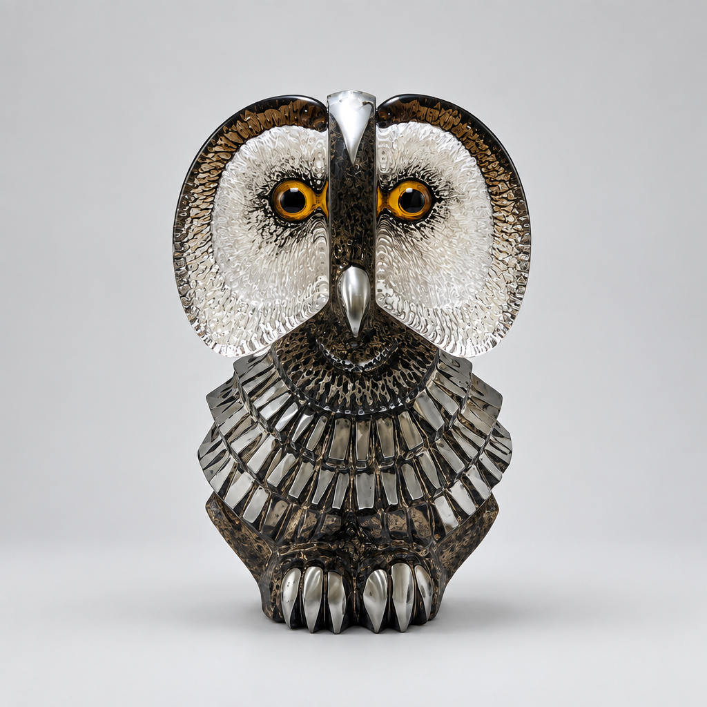 Albus sculptural owl figurine crafted from polished silver-colored metal, featuring textured feathers, 
