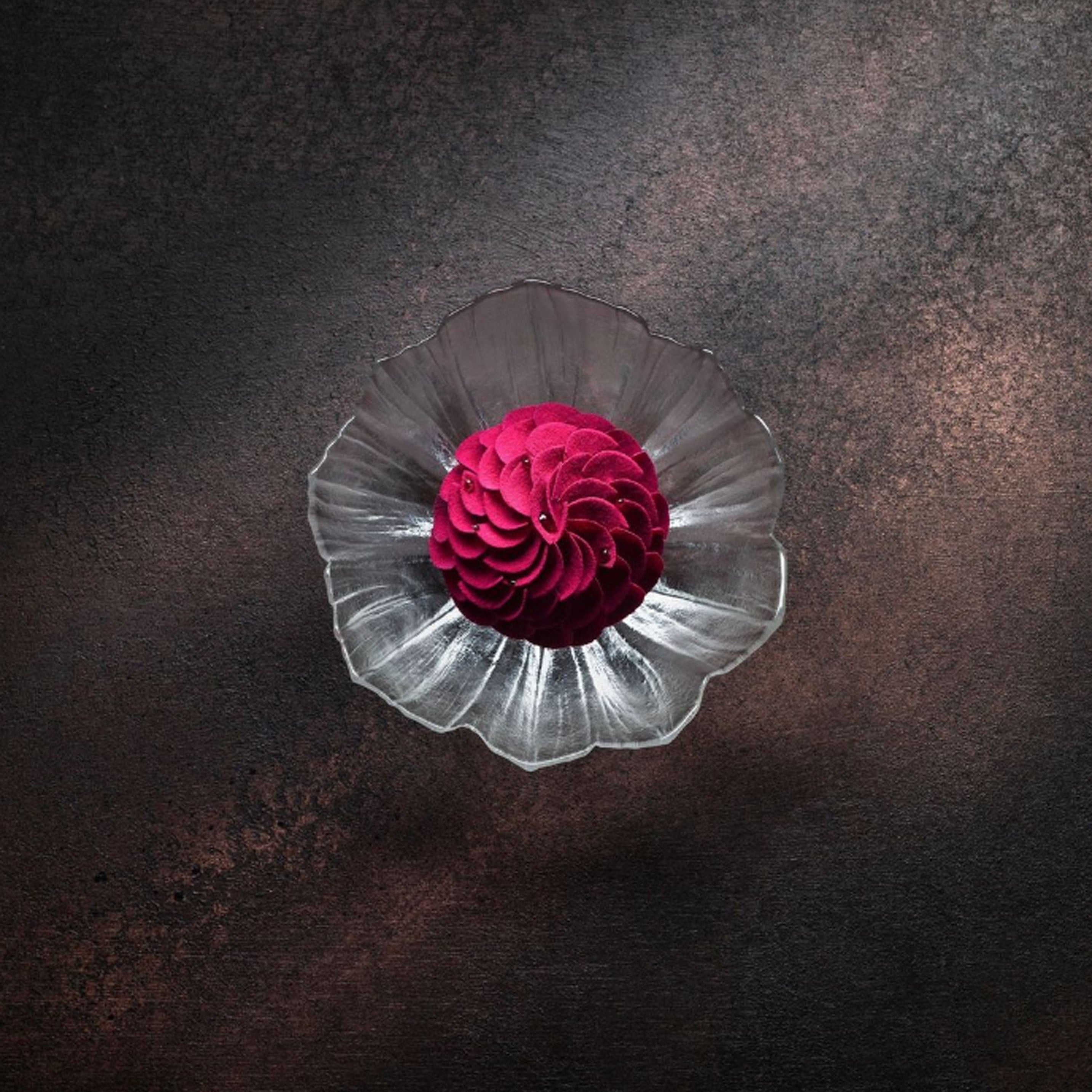Pink flower in a clear glass vase on a dark textured background