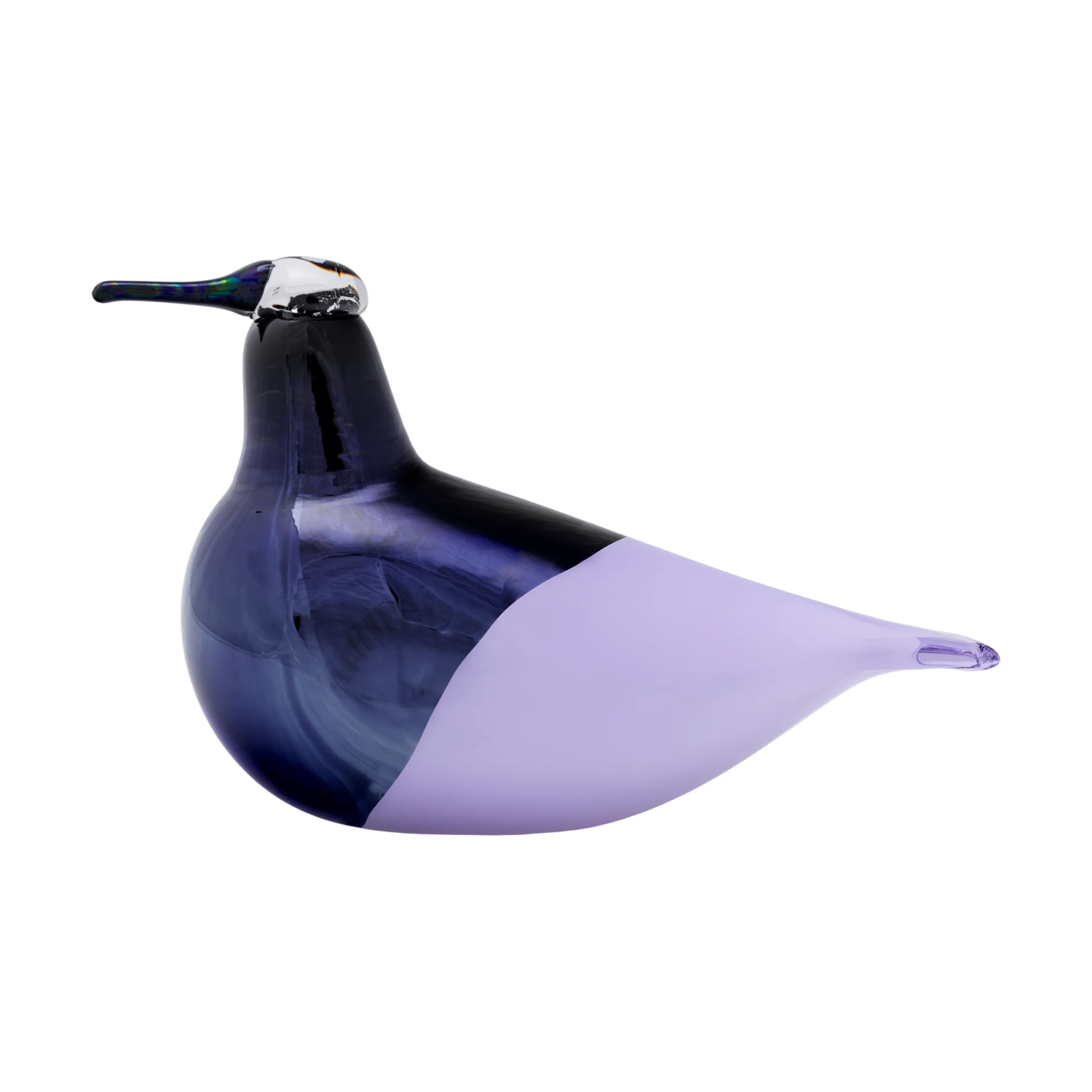 Glass sculpture of a bird in purple and blue on a white background