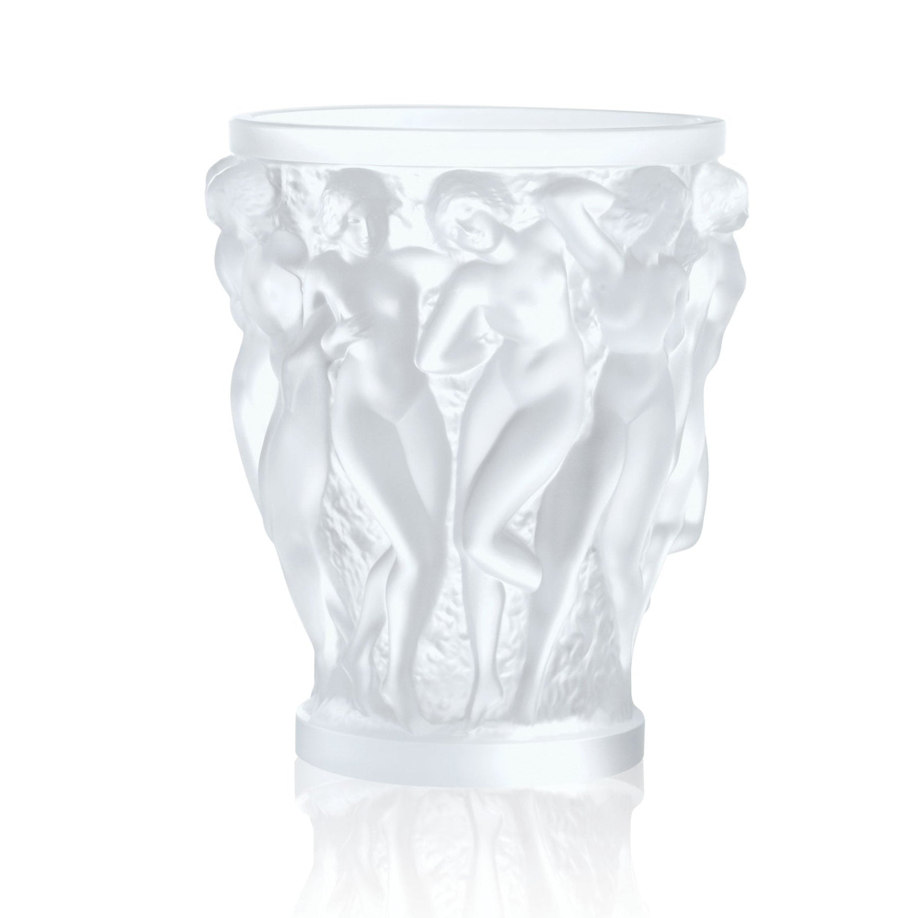 Clear glass vase with intricate designs on a white background