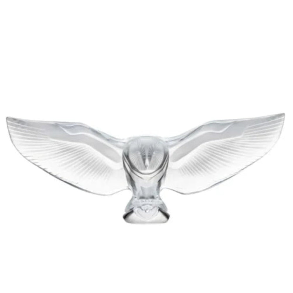Lalique  clear crystal sculpture of a flying owl bird with wings spread, 
