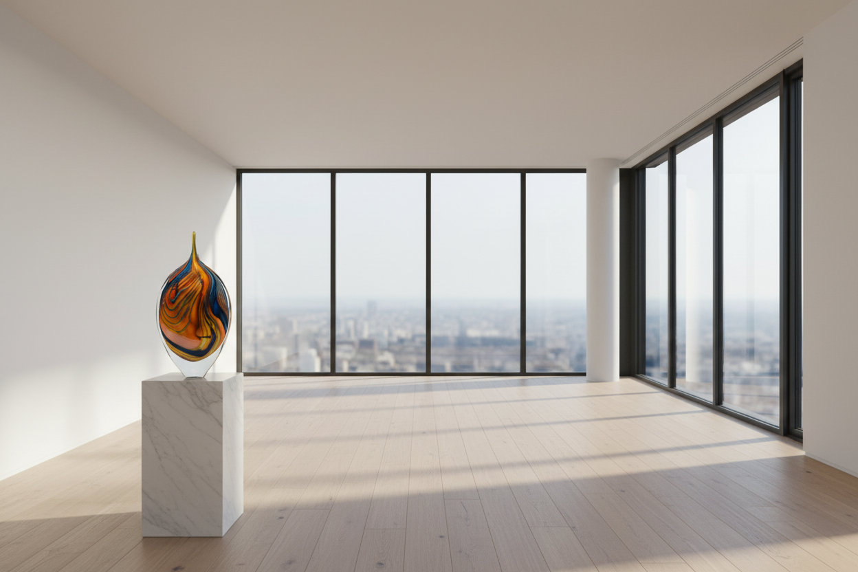 Peter Layton's Cascade Colorful glass teardrop sculpture on a white background