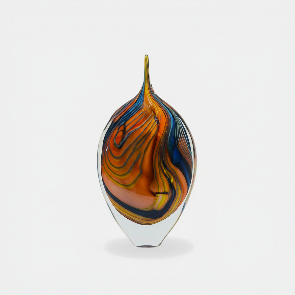Colorful glass teardrop sculpture on a white background