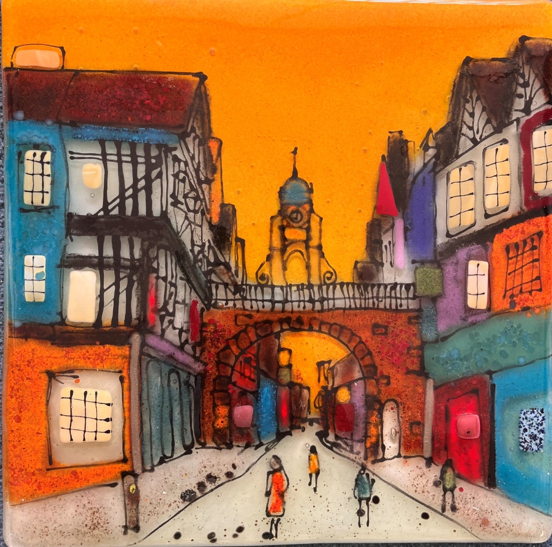 Emma Wood Glass Wall Art - Postcards - Eastgate Clock, sunset