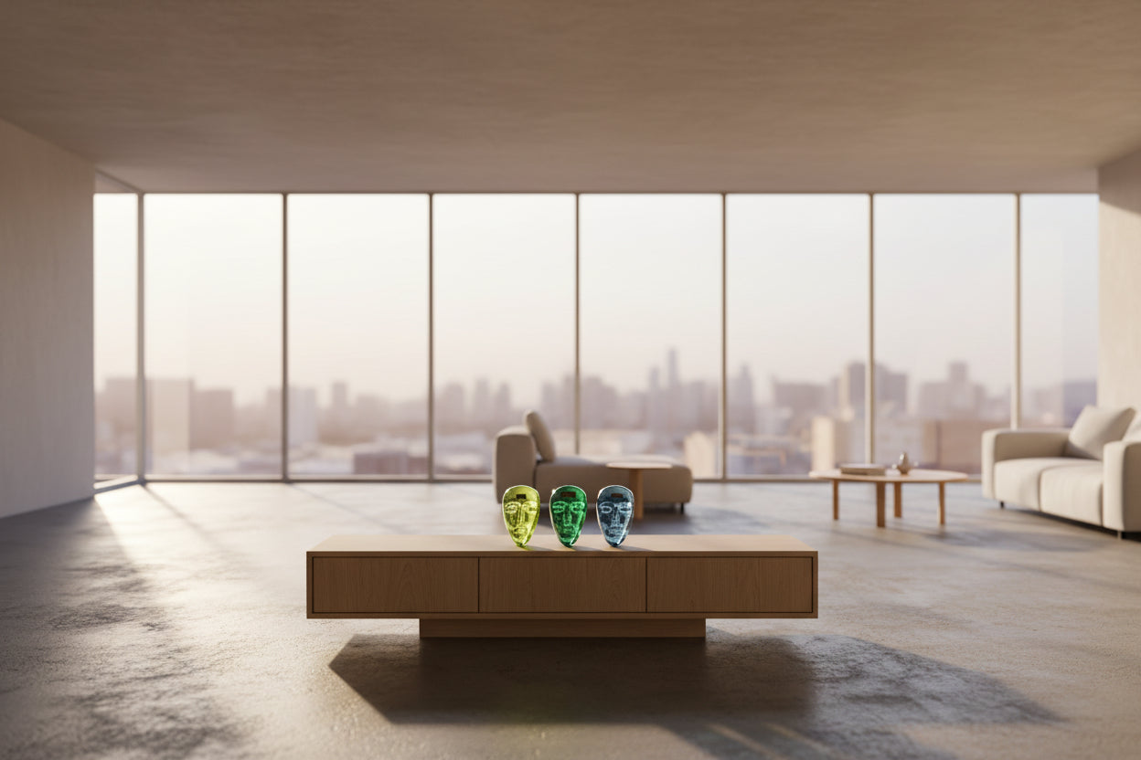 Kosta Boda three green glass face sculptures on a wooden panel